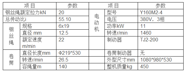 JK2.0T型卷揚機參數表